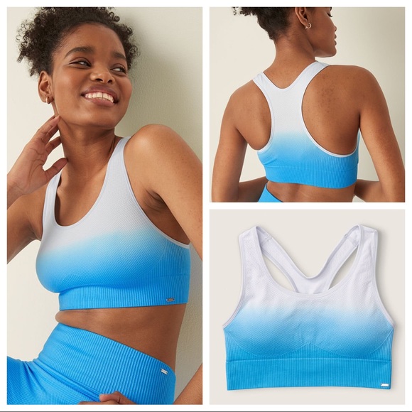 Vs Victorias Secret Pink Seamless Lined Gym Sports Bra Top Hydrangea Blue L - Picture 1 of 7